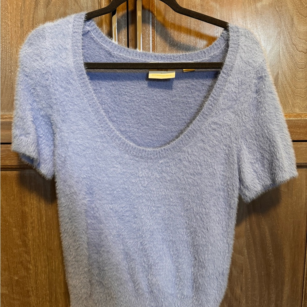 Blue fuzzy short sleeve Anthropologie top - Picture 2 of 3